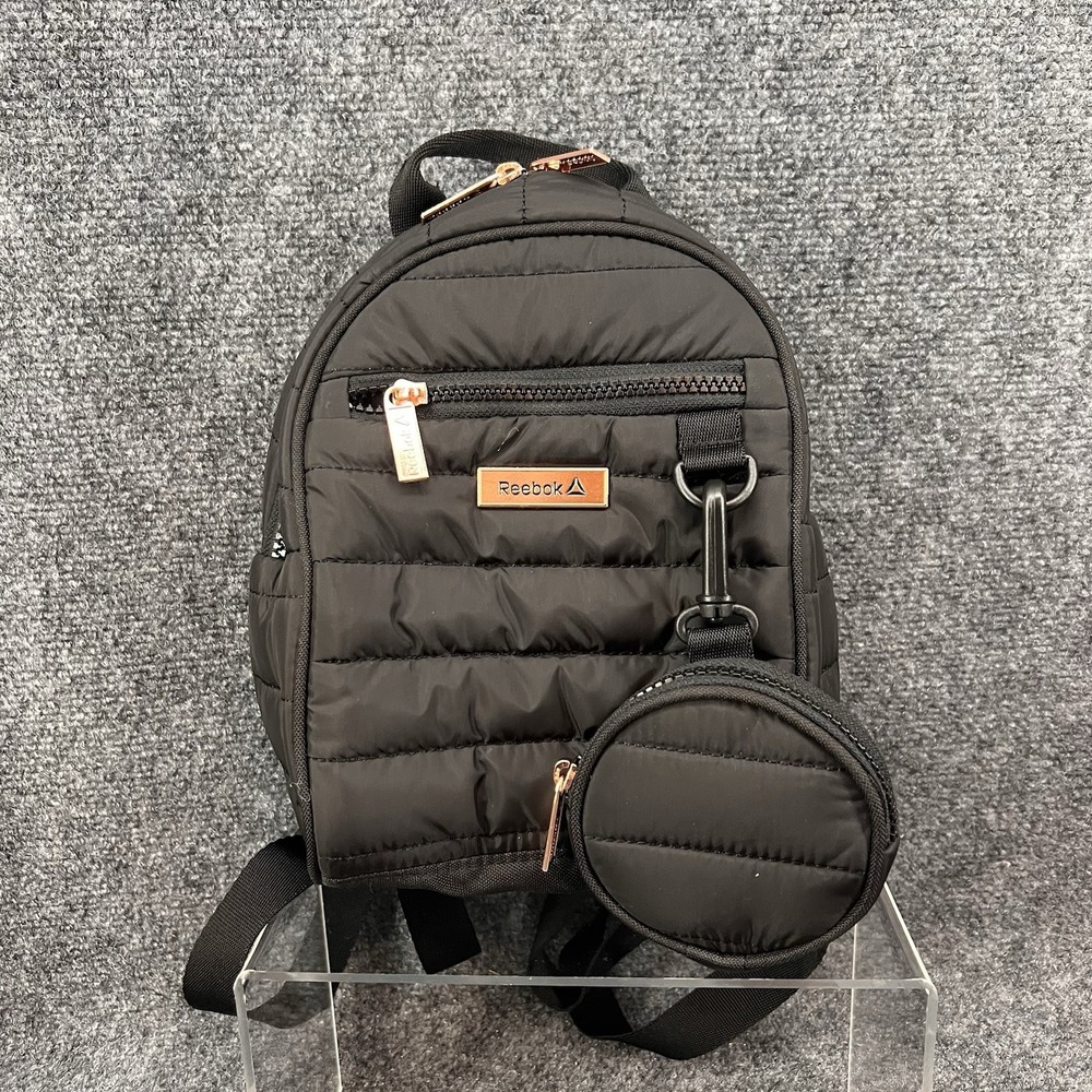 Reebok Luna Mini Backpack Black Quilted With Rose Gold Details & Coin Pouch